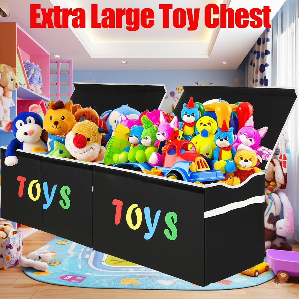 Collapsible Storage Box with Lid & Adjustable Dividers | Large Toy Chest Bin 54x16x14 Inch | Foldable Organizer for Playroom Bedroom Nursery | Boys Girls Toy Storage Box Black Dark Grey