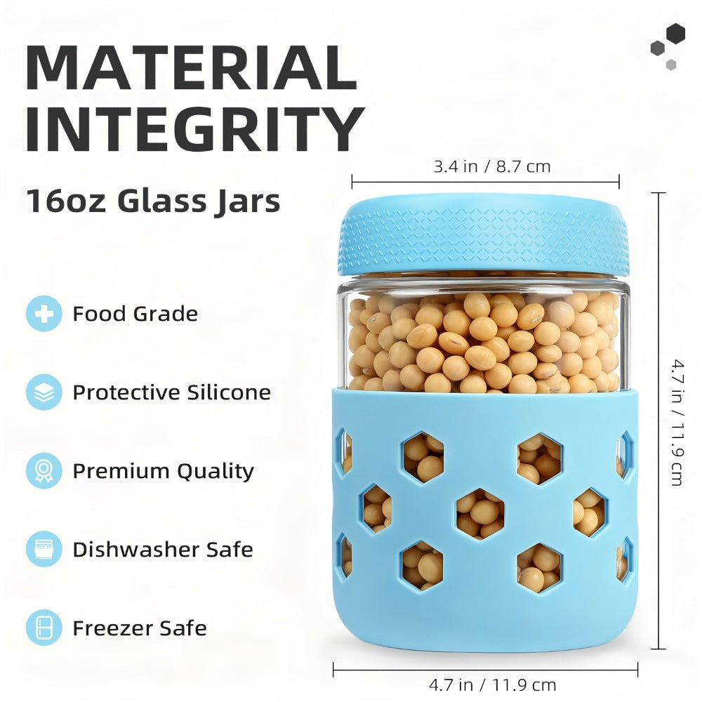 Glass Airtight Jars 6 Pack 16oz - Moisture Proof Food Storage Containers with Screw Top Lids and Silicone Sleeves for Tea Grains Nuts Snacks and Yogurt, Clear Round Glass Canisters for Kitchen Pantry Counter Organization