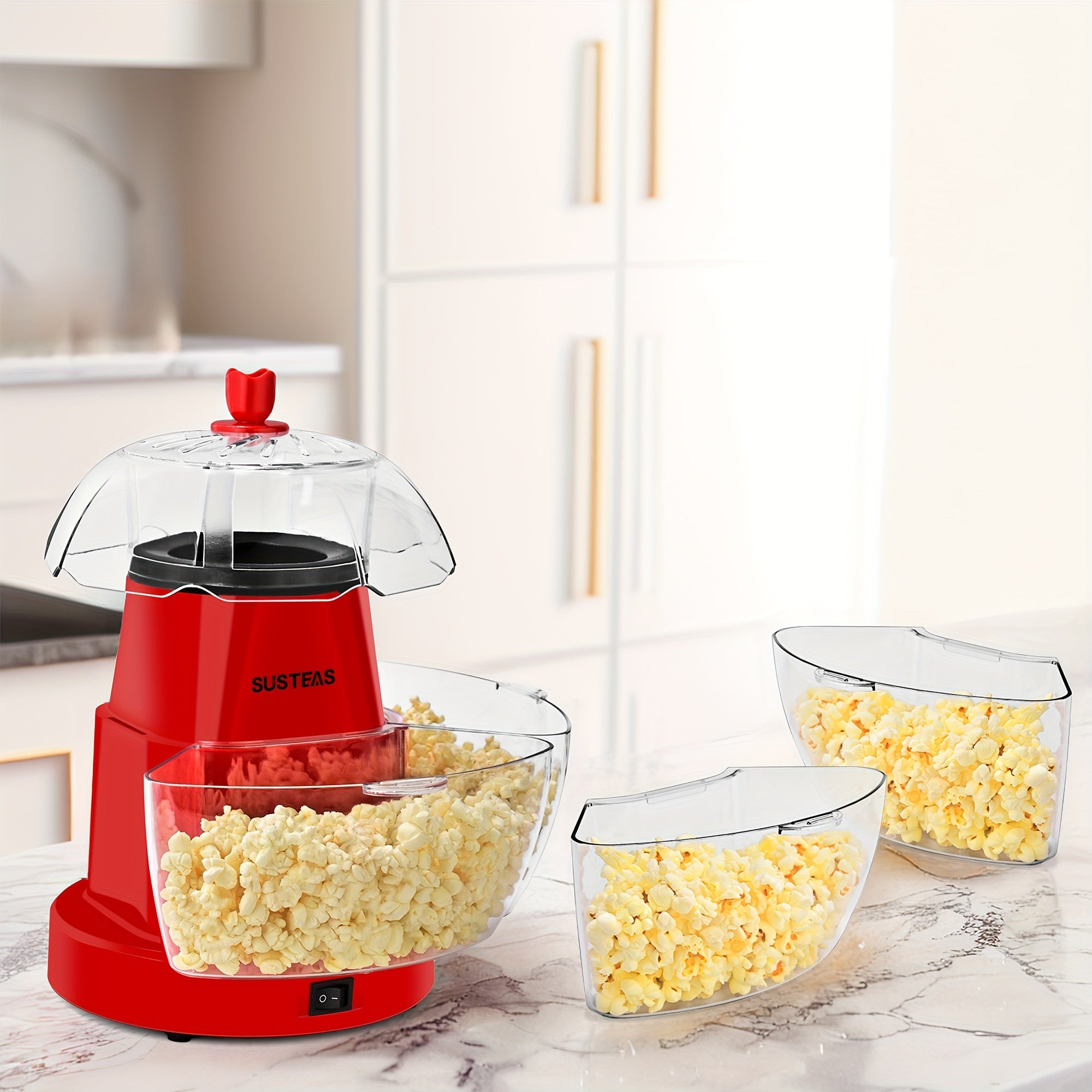 Hot Air Popcorn Maker with 4 Bowls ¨C Oil-Free Electric Popcorn Machine 95% Pop Rate Ready in 3 Min | Portable Popcorn Popper for Movie Night Family Gatherings Parties Home Theater Kitchen Use Red