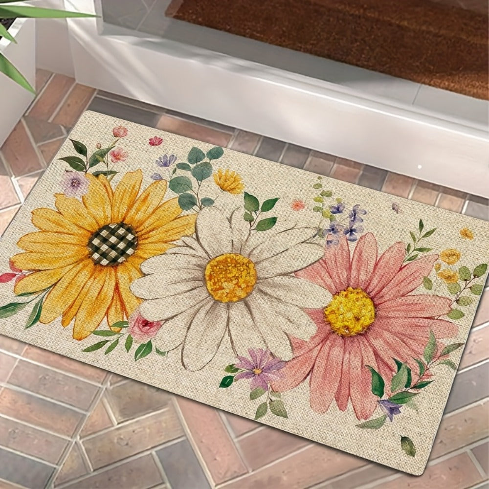 Sunflower Daisy Doormat Floral Welcome Mat Flannel Non-Slip Rug for Front Door Entryway Bathroom Kitchen, Spring Summer Seasonal Decor, 10mm Thick, Single & Set Options
