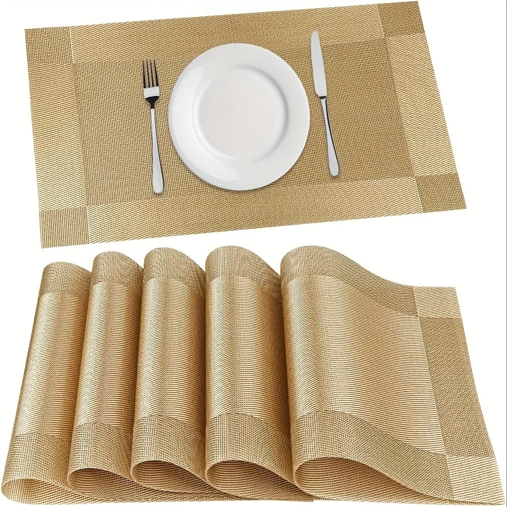 PVC Placemats Set of 6 Heat Resistant Non-Slip Washable Table Mats for Kitchen Dining Table, Easy Clean Vinyl Dinner Mats 11.8x17.7 Inch (Golden, Brown, Silver)