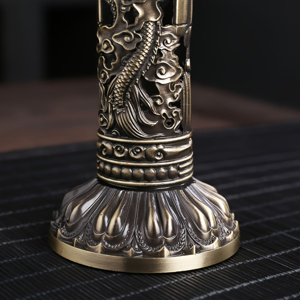 Incense Stick Holder Metal Retro Vertical Design, Dragon & Phoenix Heart Sutra Motif Brass Incense Burner Stand, Home Office Altar Meditation Ceremony Decoration Gift