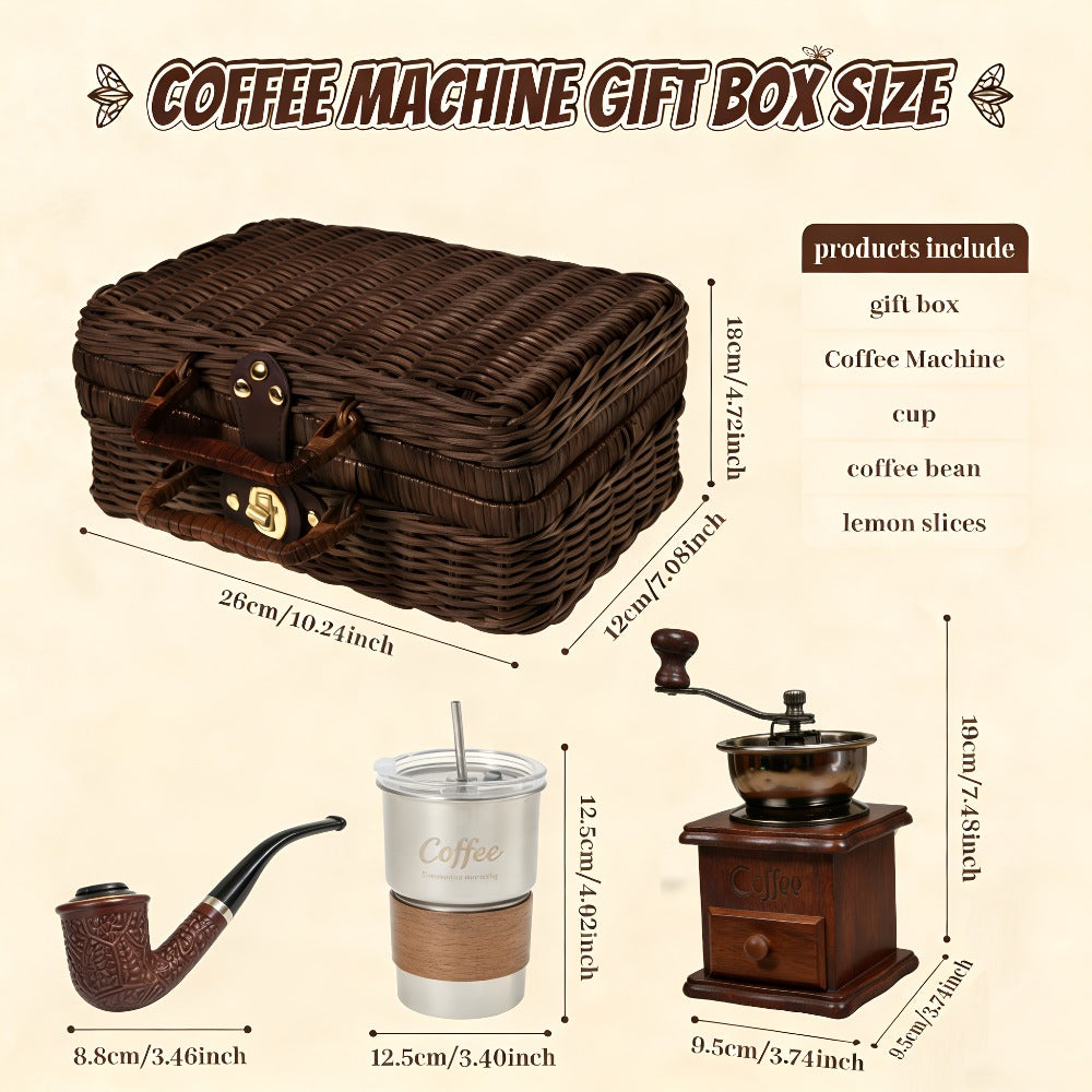 Manual Coffee Grinder Hand Grinder with 304 Stainless Steel Burr, Portable Square Coffee Mill for Travel, Camping, Office & Food Truck, Vintage & Brown Pipe Style, Perfect Coffee Gift Set