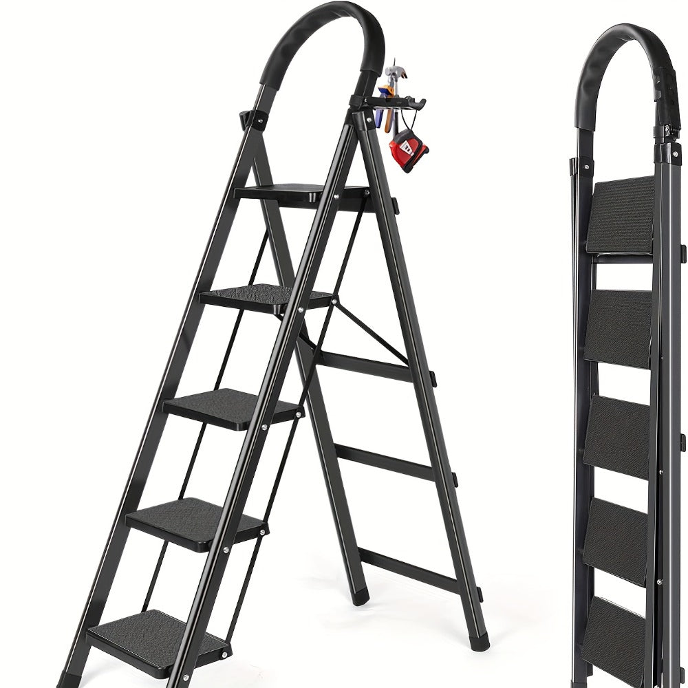 Folding Step Ladder 3 / 4 / 5 Step with Anti-Slip Pedal & Tool Tray ¨C 450 LBS Capacity Portable Steel Step Stool for Adults, Home, Kitchen, Library & Office Use ¨C Red & Black Options
