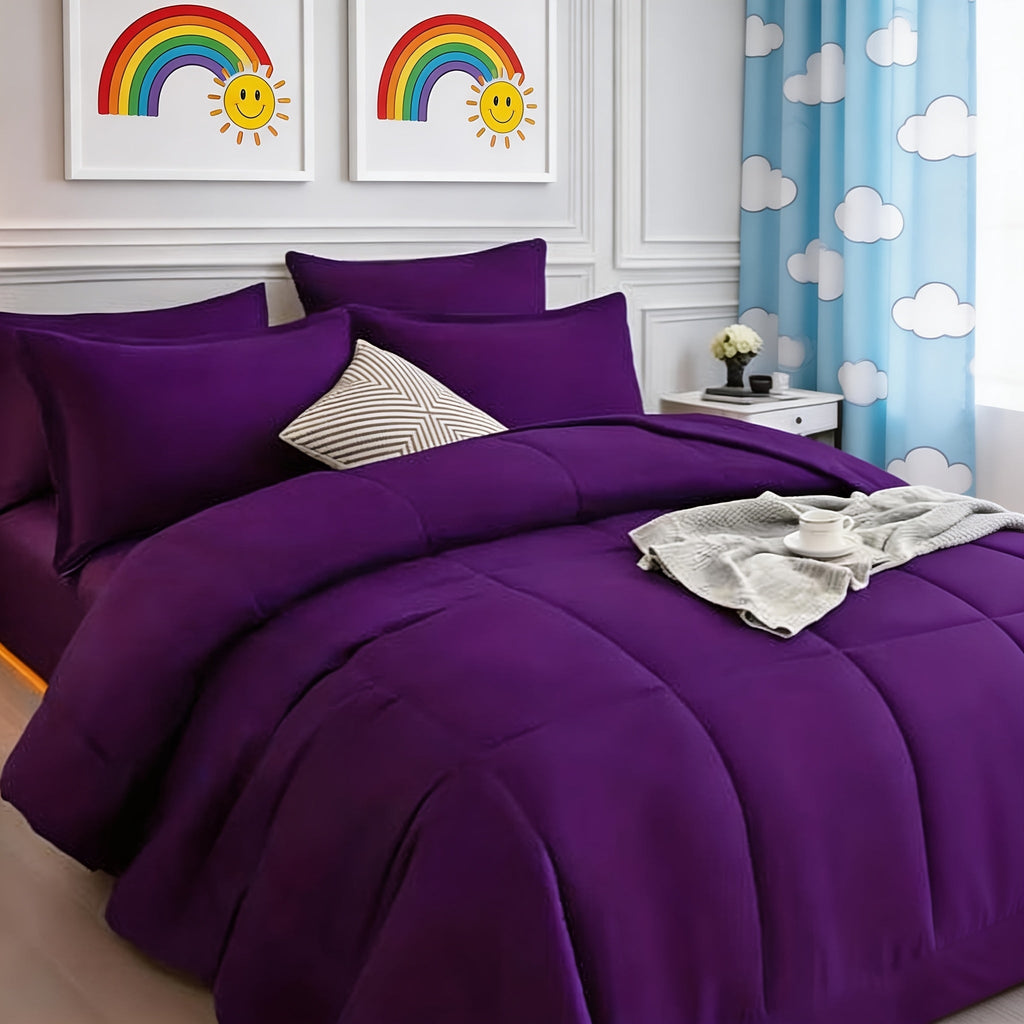 Comforter Set 7 Piece Bed in a Bag Full Queen King Soft Satin-Like Fabric with Fitted Sheet Flat Sheet Pillowcases Breathable Bedding Set for Bedroom Hotel