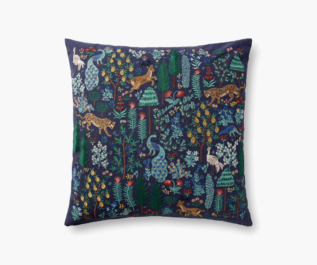 Menagerie Forest Embroidered Pillow - Navy