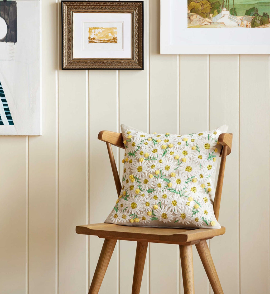 Daisies Embroidered Pillow - Khaki