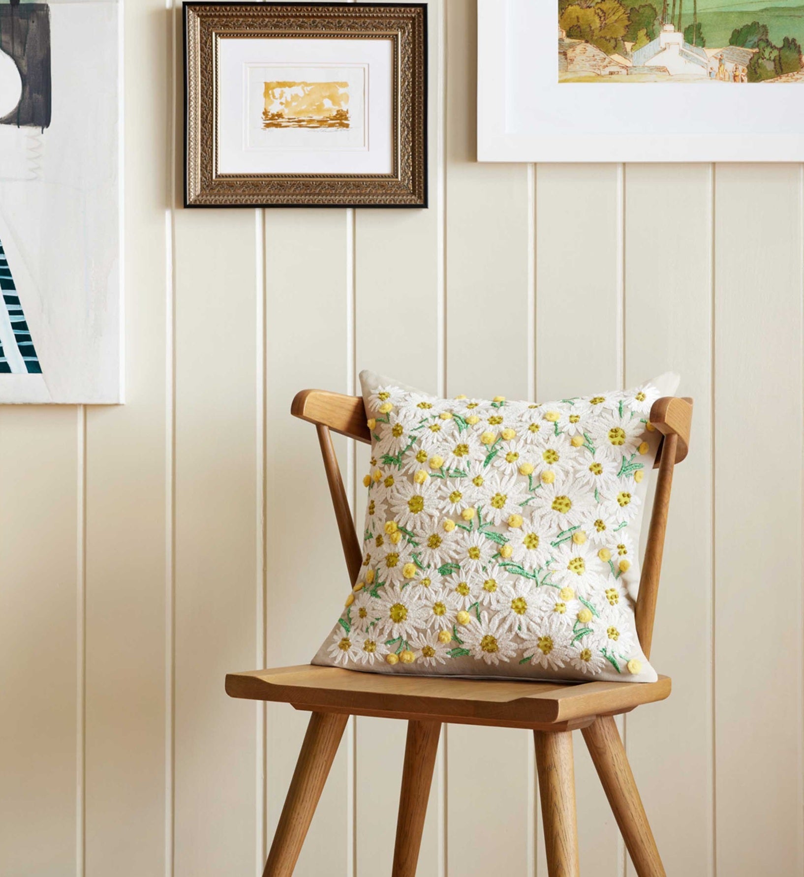 Daisies Embroidered Pillow - Khaki