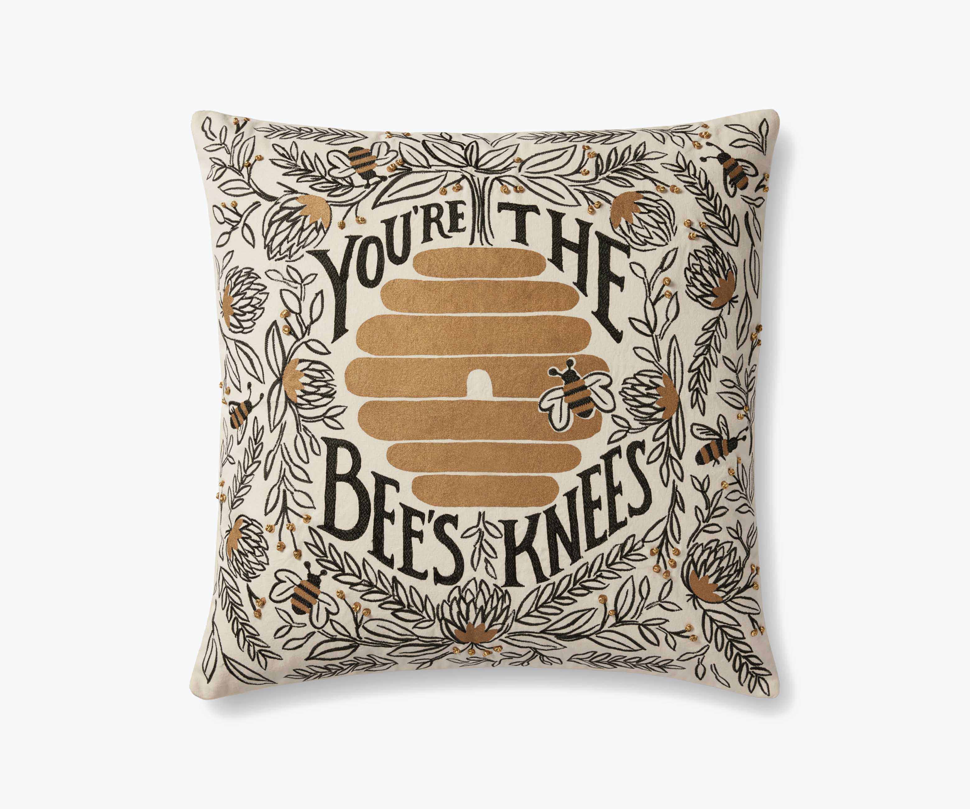 Bee's Knees Embroidered Pillow - Black & Gold
