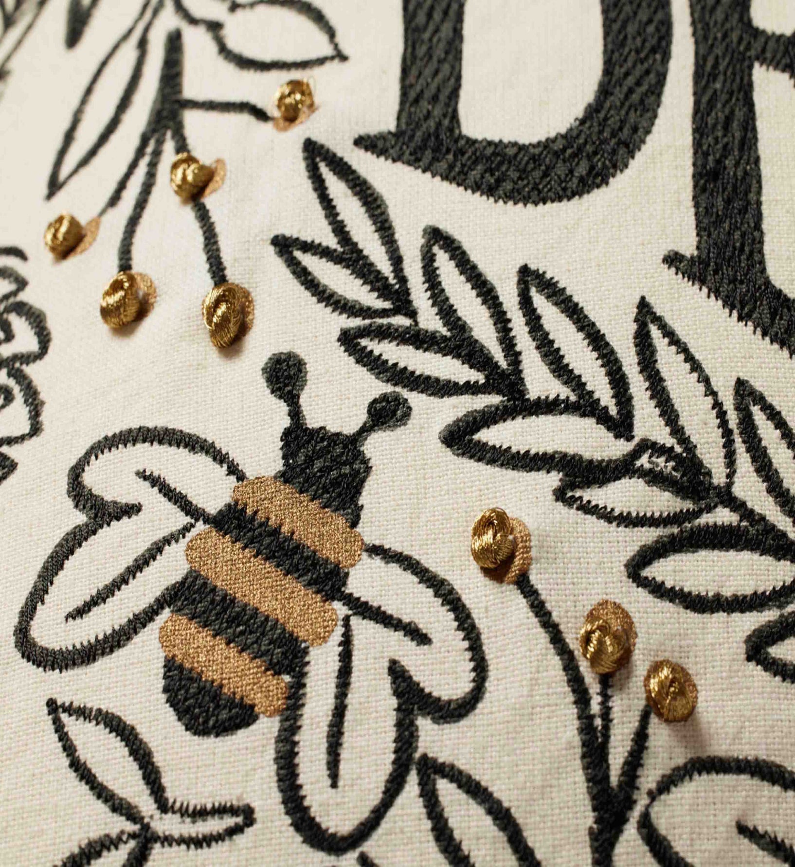 Bee's Knees Embroidered Pillow - Black & Gold