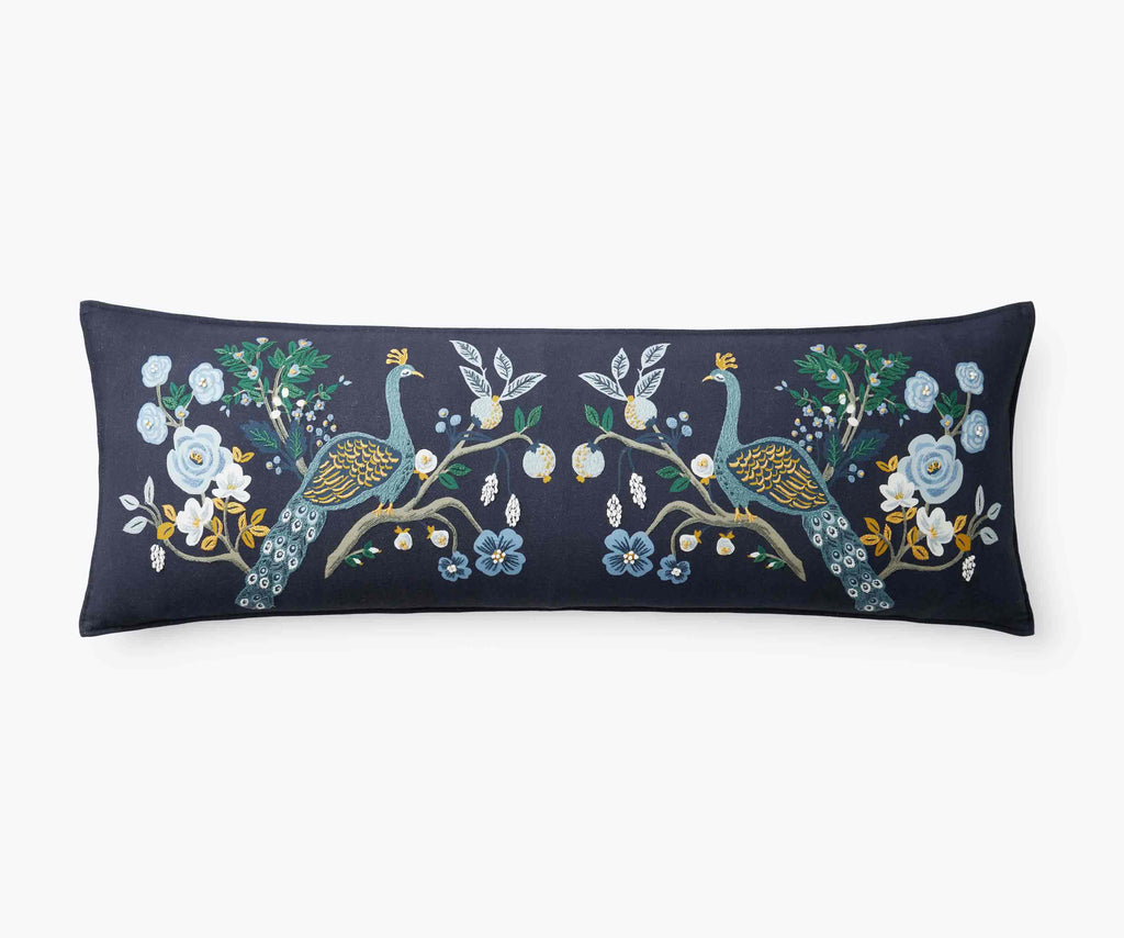 Embroidered Lumbar Pillow Cover - Peacock