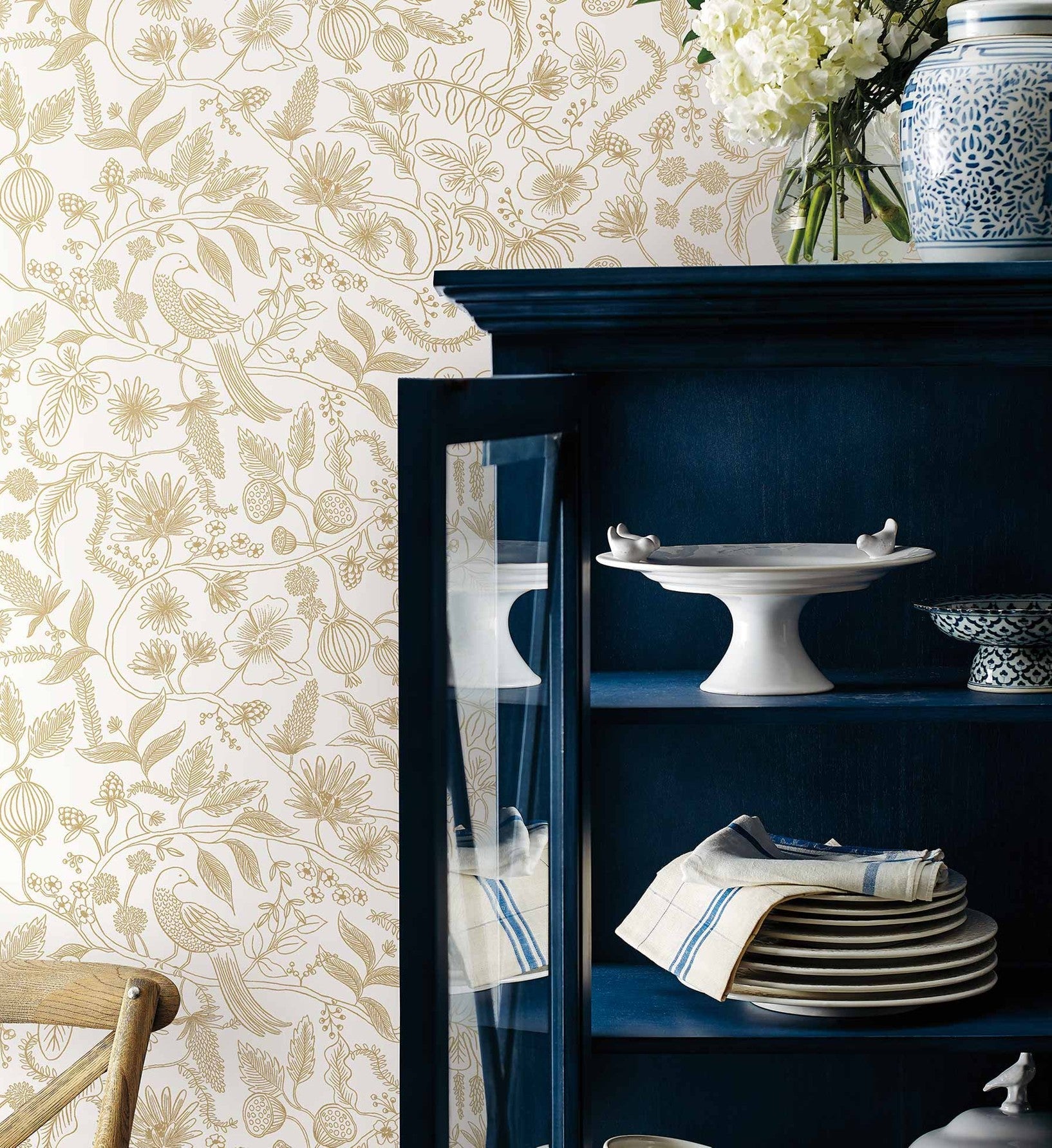 Aviary Peel & Stick Wallpaper - Metallic Gold & Cream