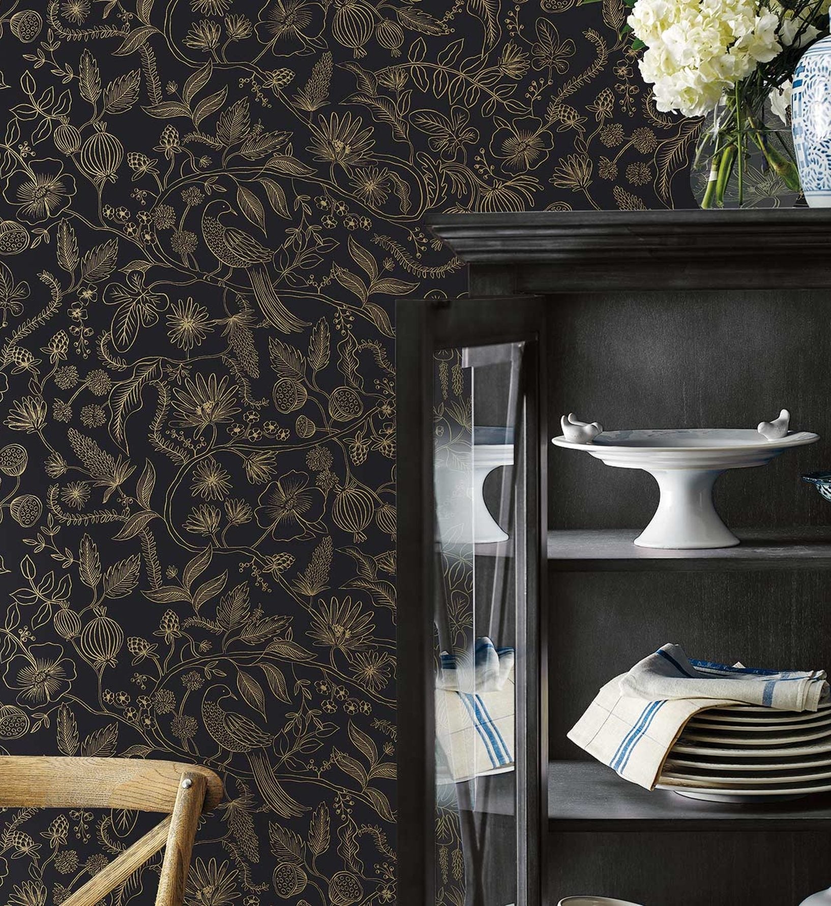 Aviary Peel & Stick Wallpaper - Metallic Gold & Black