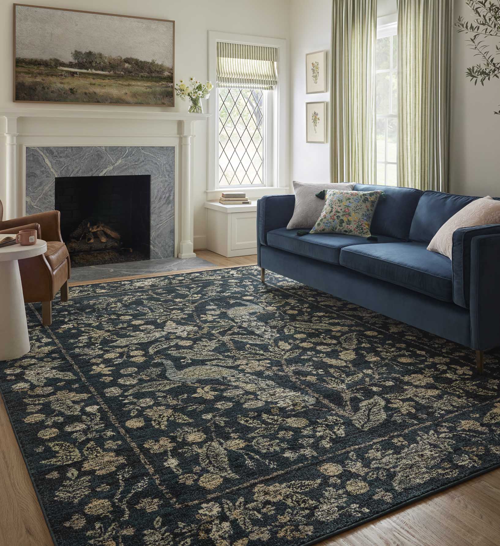 Laurel Peacock Garden Power Loomed Rug - Navy