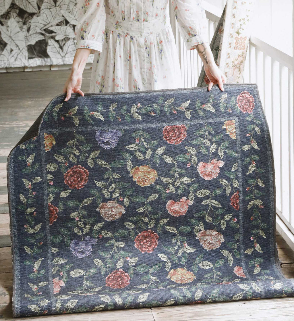 Wildwood Rose Trellis Printed Rug - Navy