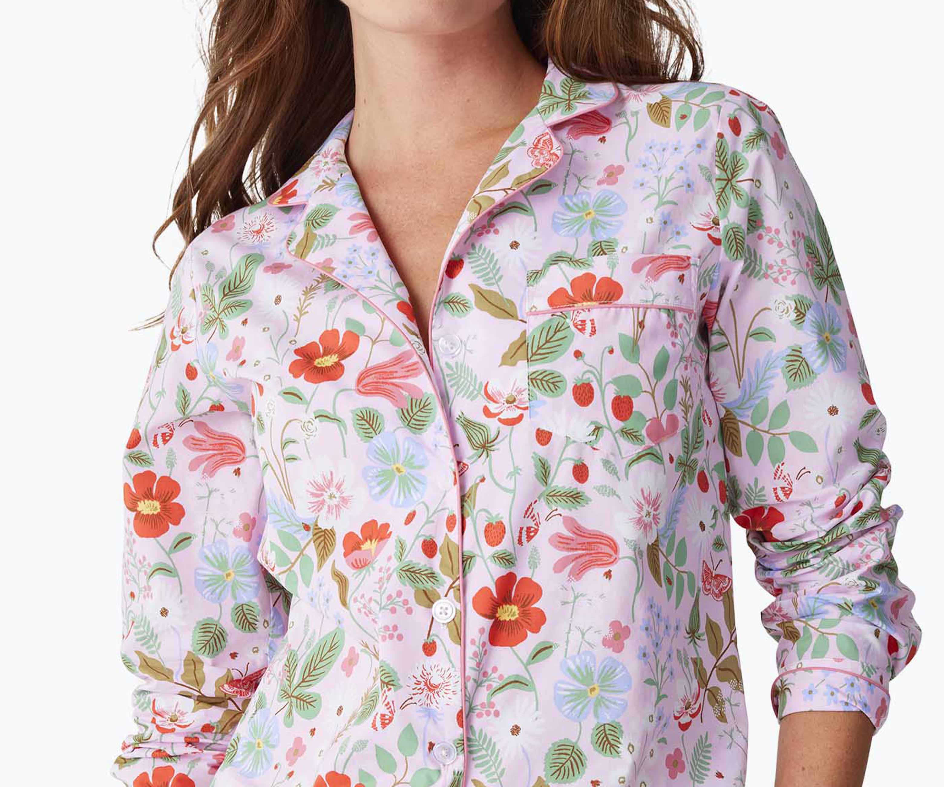 Poplin Button Front Long Set - Strawberry Fields