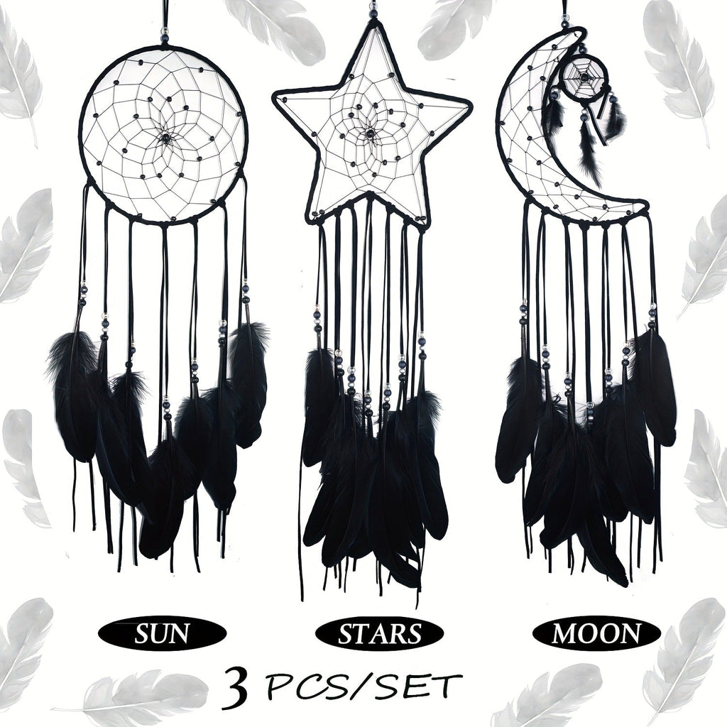 Dream Catcher Set of 3 - Moon Sun Star Wall Hanging Decor for Bedroom, Boho Room Decor for Teen Girls Kids, Princess Bedroom Decoration, 8 Inch Metal Hoop, Pink White Black Brown, Nursery Wall Art Gift