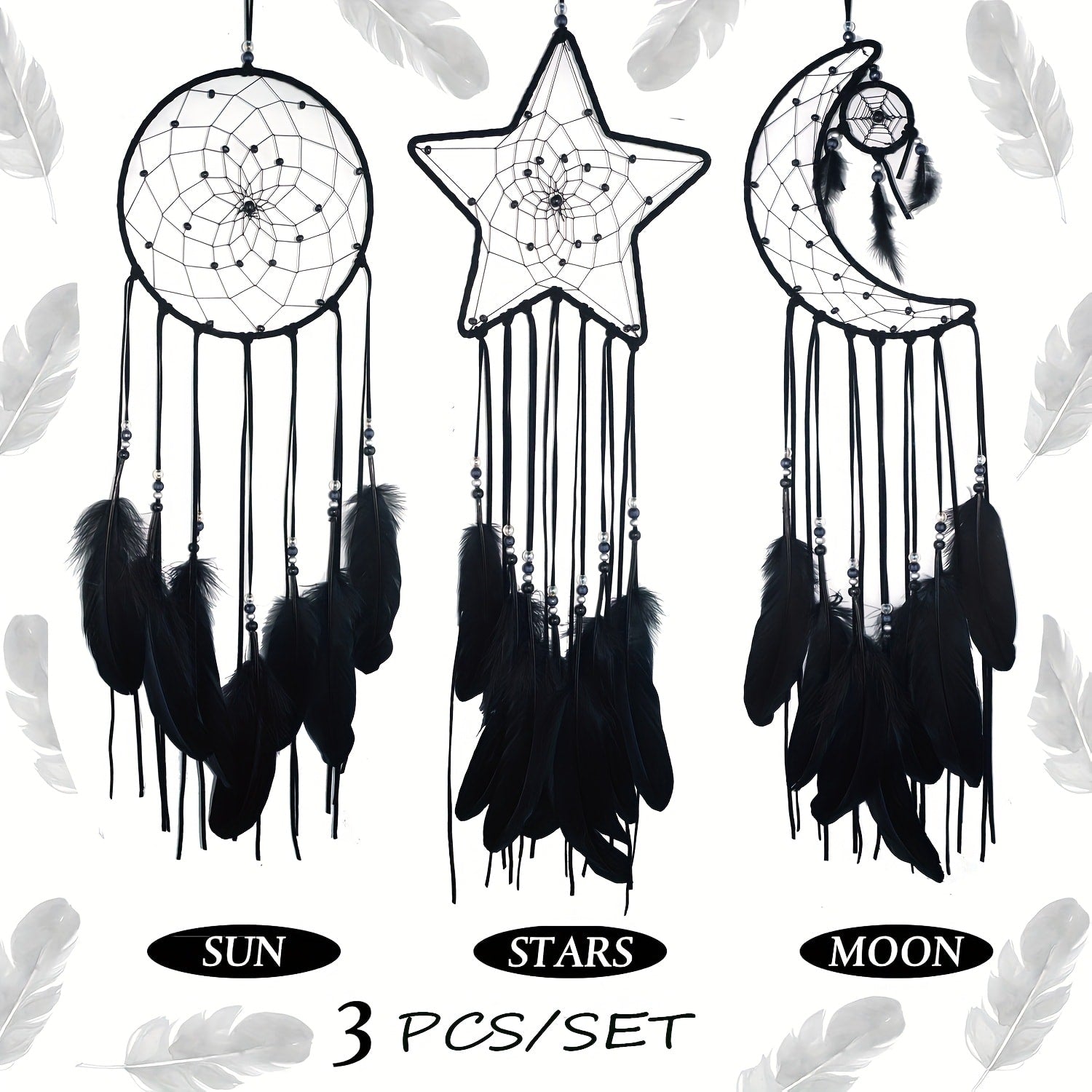 Dream Catcher Set of 3 - Moon Sun Star Wall Hanging Decor for Bedroom, Boho Room Decor for Teen Girls Kids, Princess Bedroom Decoration, 8 Inch Metal Hoop, Pink White Black Brown, Nursery Wall Art Gift
