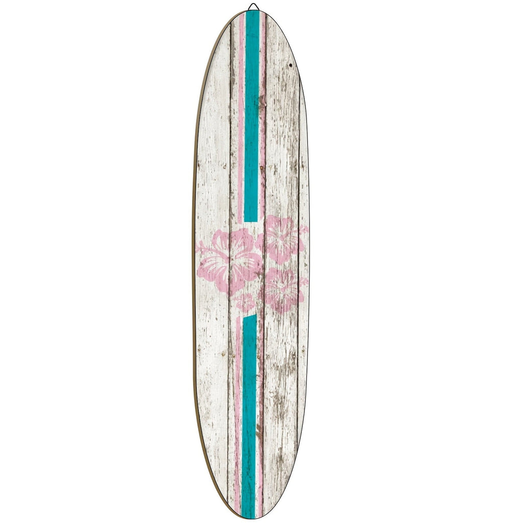 Wooden Surfboard Wall Art 15.74¡± ¨C Rustic Tropical Beach Decor with Hibiscus & Tiki Mask Design, Frameless Recycled Wood Wall Hanging for Hawaiian Bar, Home, Summer & Vacation Theme Decor
