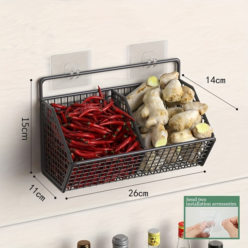 Wall Mounted Kitchen Storage Basket ¨C Metal Wire Rack Organizer, 2 or 3 Grid Tier, Space Saving Vertical Pantry Shelf for Spices, Snacks & Beverages, Home Kitchen & Retail Store Display