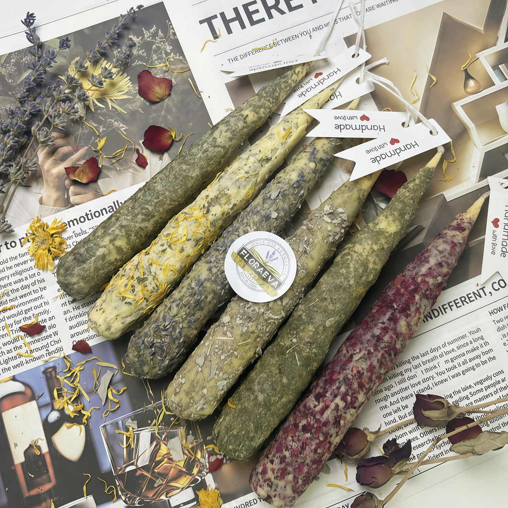 Handmade Herbal Scented Candles Set of 6 ¨C Dried Flower Pillar Candles, Sage Lavender Cedar Mint Rose Scents, 12Hr Burn, Aromatherapy Yoga Meditation Sleep Aid, Wedding Home Decor Holiday Gift