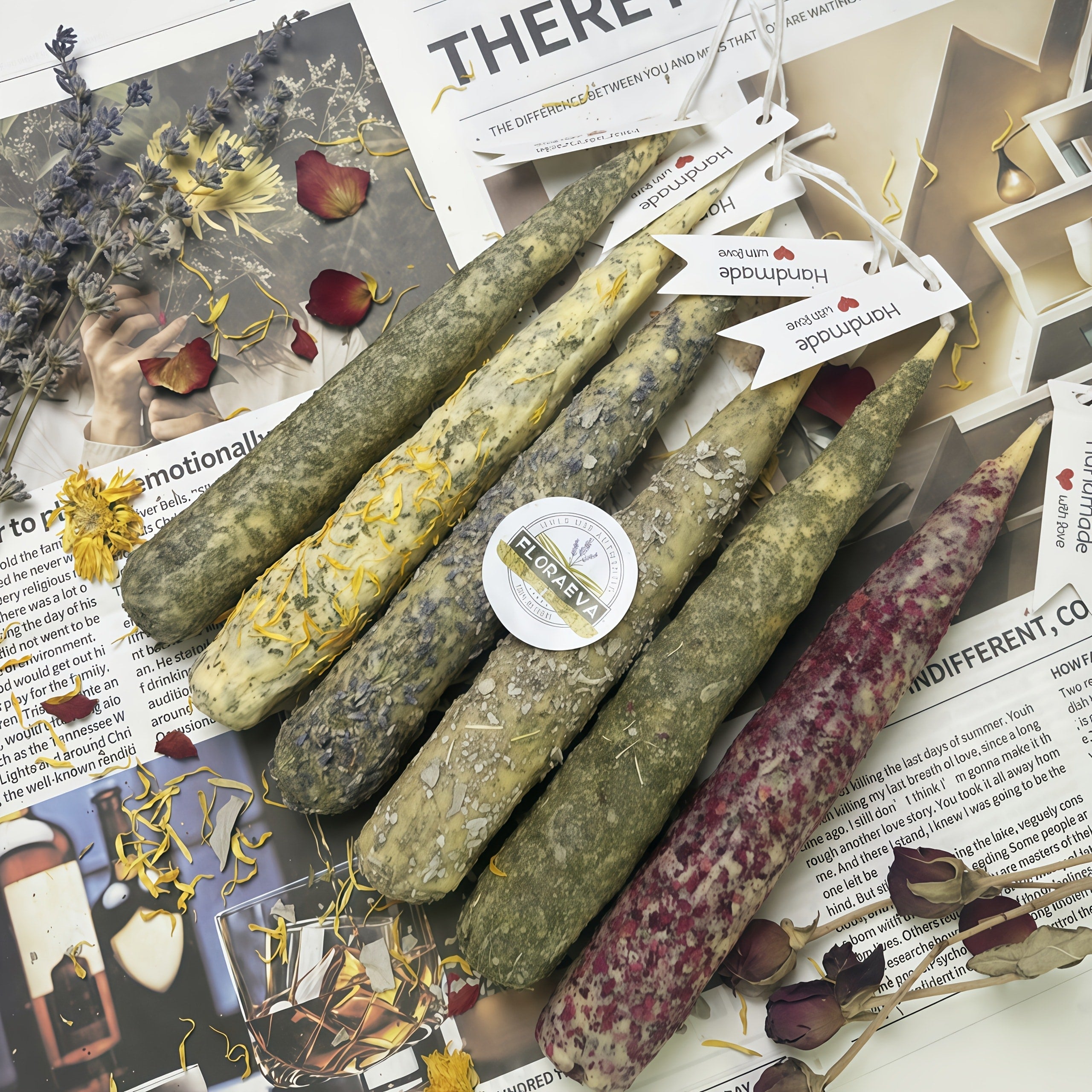 Handmade Herbal Scented Candles Set of 6 ¨C Dried Flower Pillar Candles, Sage Lavender Cedar Mint Rose Scents, 12Hr Burn, Aromatherapy Yoga Meditation Sleep Aid, Wedding Home Decor Holiday Gift