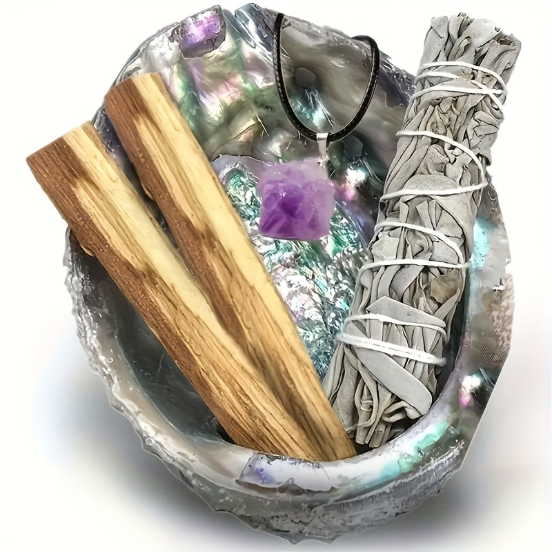 Sage Smudge Kit with Abalone Shell, White Sage Bundle, Holy Wood Palo Santo, Amethyst Crystal Necklace, Home Cleansing Ritual Gift Set