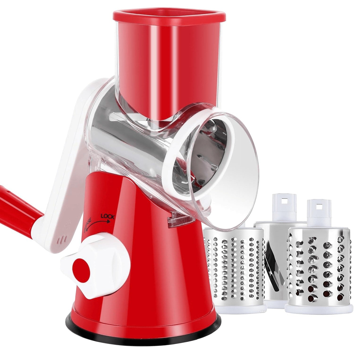 Rotary Cheese Grater ¨C Stainless Steel Hand Crank Shredder with 3 Interchangeable Blades, Non-Slip Suction Base & Cleaning Brush, BPA-Free Vegetable Grater for Cheese, Nuts & Vegetables