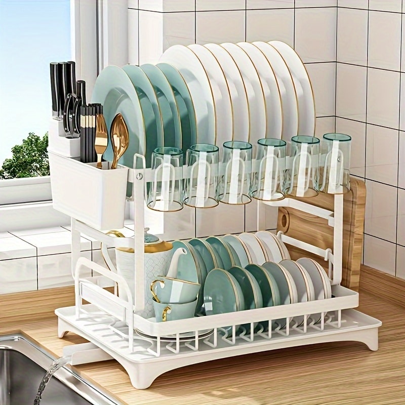 2-Tier Dish Drying Rack with Drip Tray Large Kitchen Counter Dish Drainer