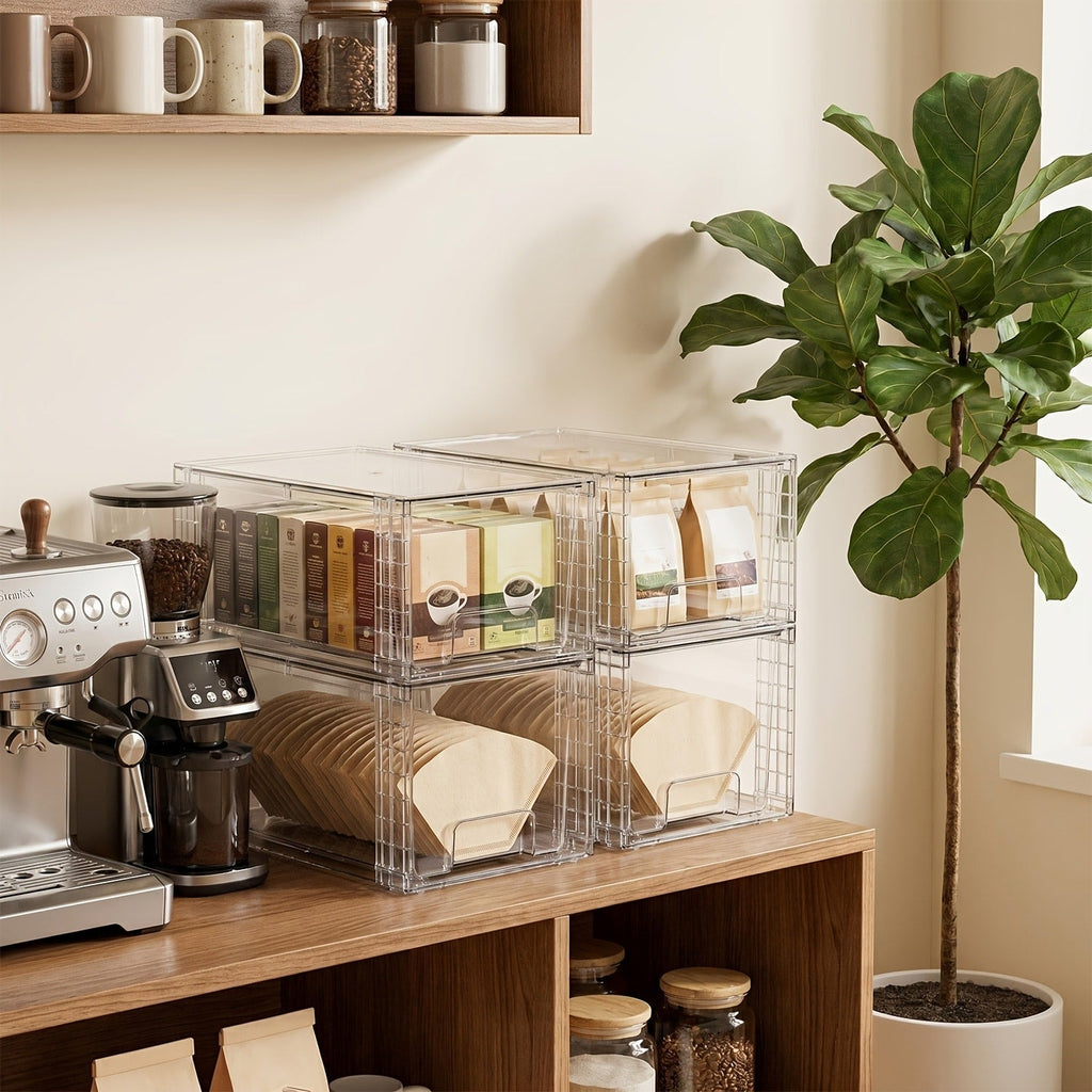 Clear Stackable Storage Bins with Lids & Handles 3 or 4-Piece Set | Plastic Organizer Drawers for Under Sink Pantry Cabinet Closet | Kitchen & Bathroom Storage for Cosmetics Cleaning Supplies Food