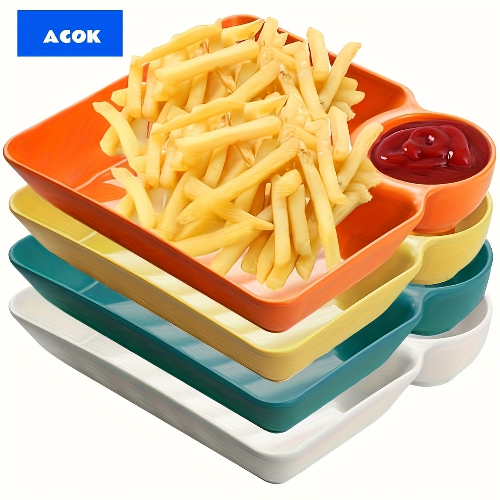 Colorful Serving Plates Set 4 Piece - BPA-Free PP Rectangular Snack, Sushi & Appetizer Plates with Dipping Sauce Compartments for Charcuterie Boards, Desserts & Holiday Party Entertaining