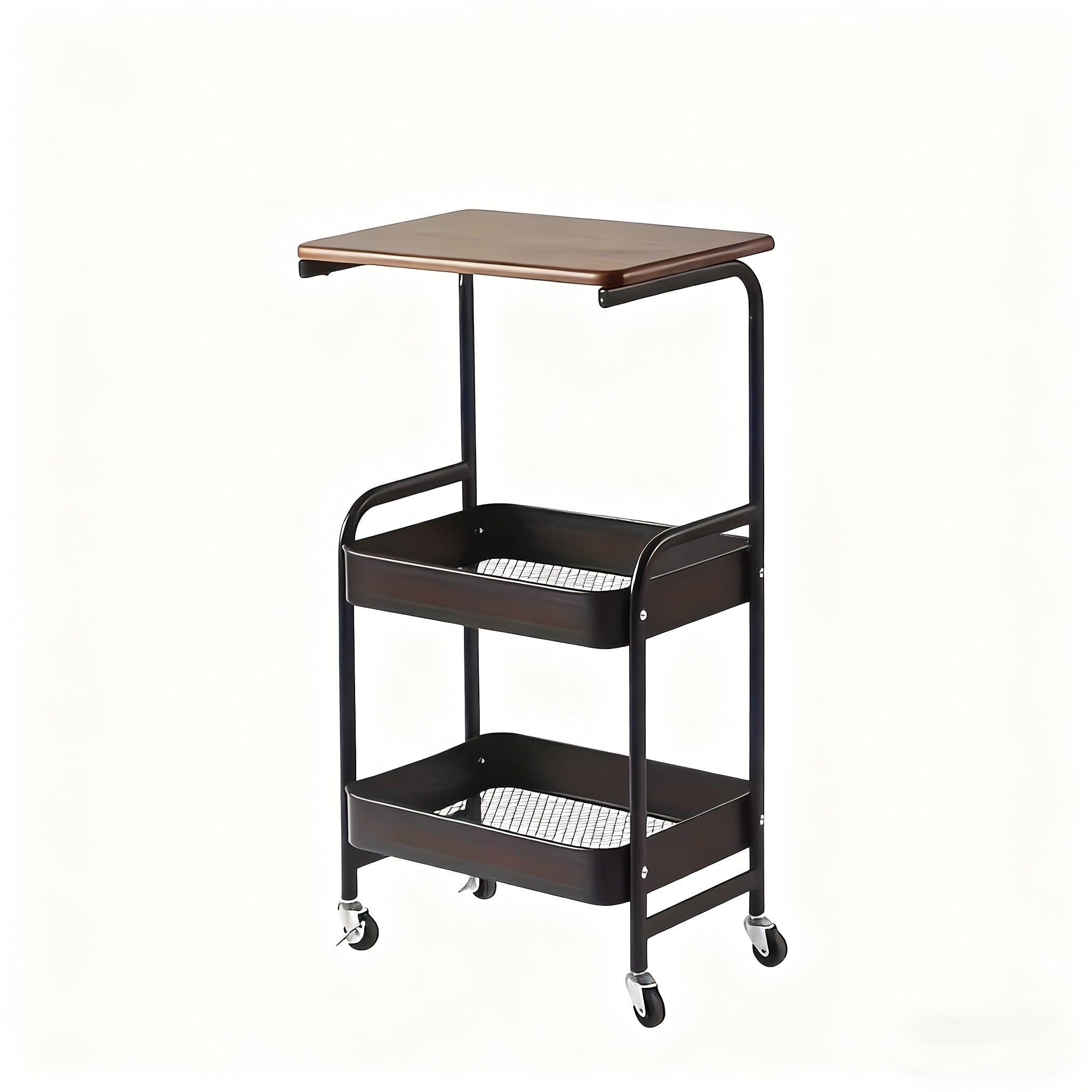 Storage Trolley with Wheels 3-Tier Wooden Tabletop Rolling Cart - Reinforced Black Metal Frame, Locking Casters, Multi-Use Organizer for Kitchen, Office, Bedroom & Living Room, Easy Assembly Printer Stand