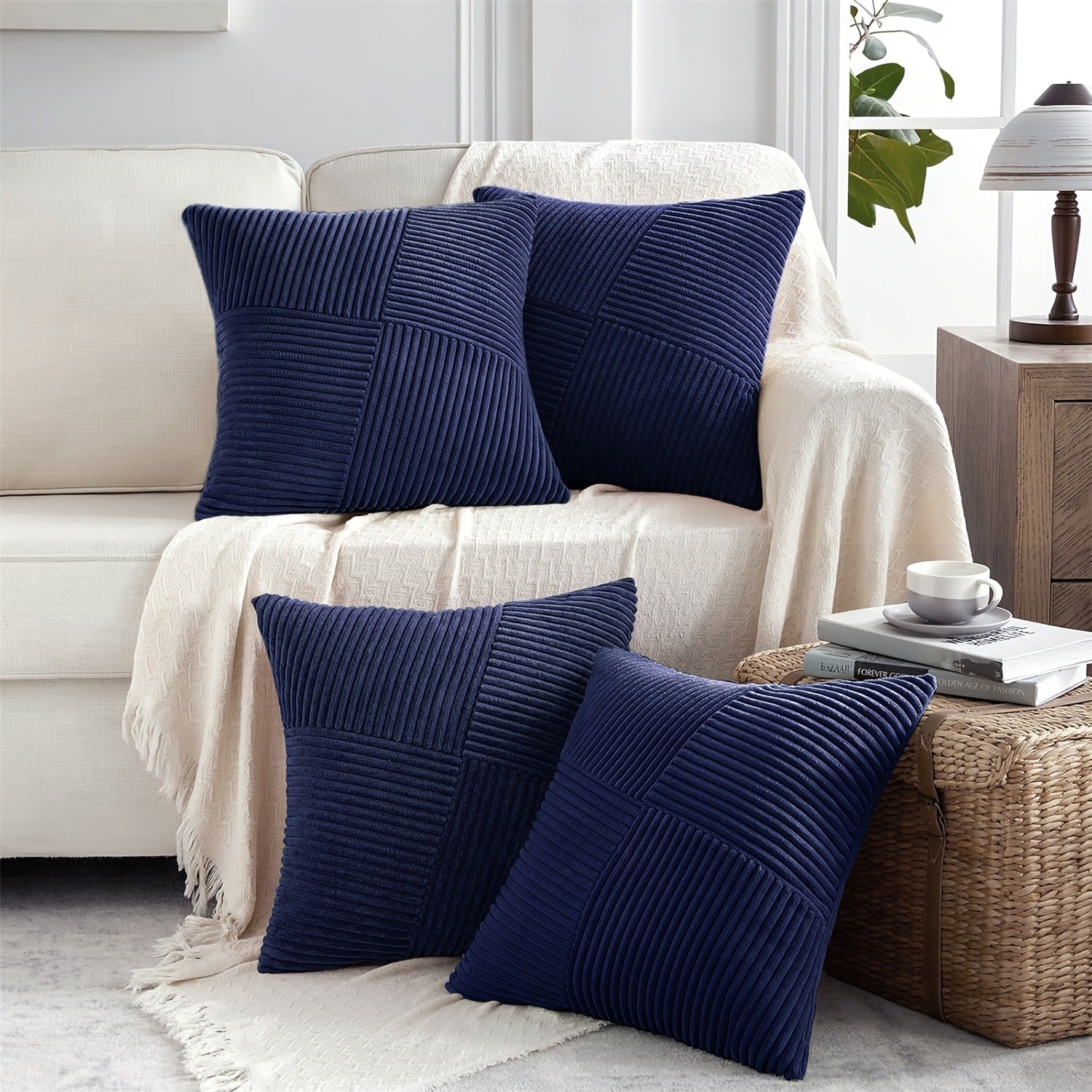 Throw Pillow Covers 18x18 Set of 4 - Boho Decorative Cushion Covers for Couch Sofa Bed, Soft Corduroy Textured Square Pillow Cases, Neutral Farmhouse Home Decor - Navy Blue Pink Mustard Sage Rust