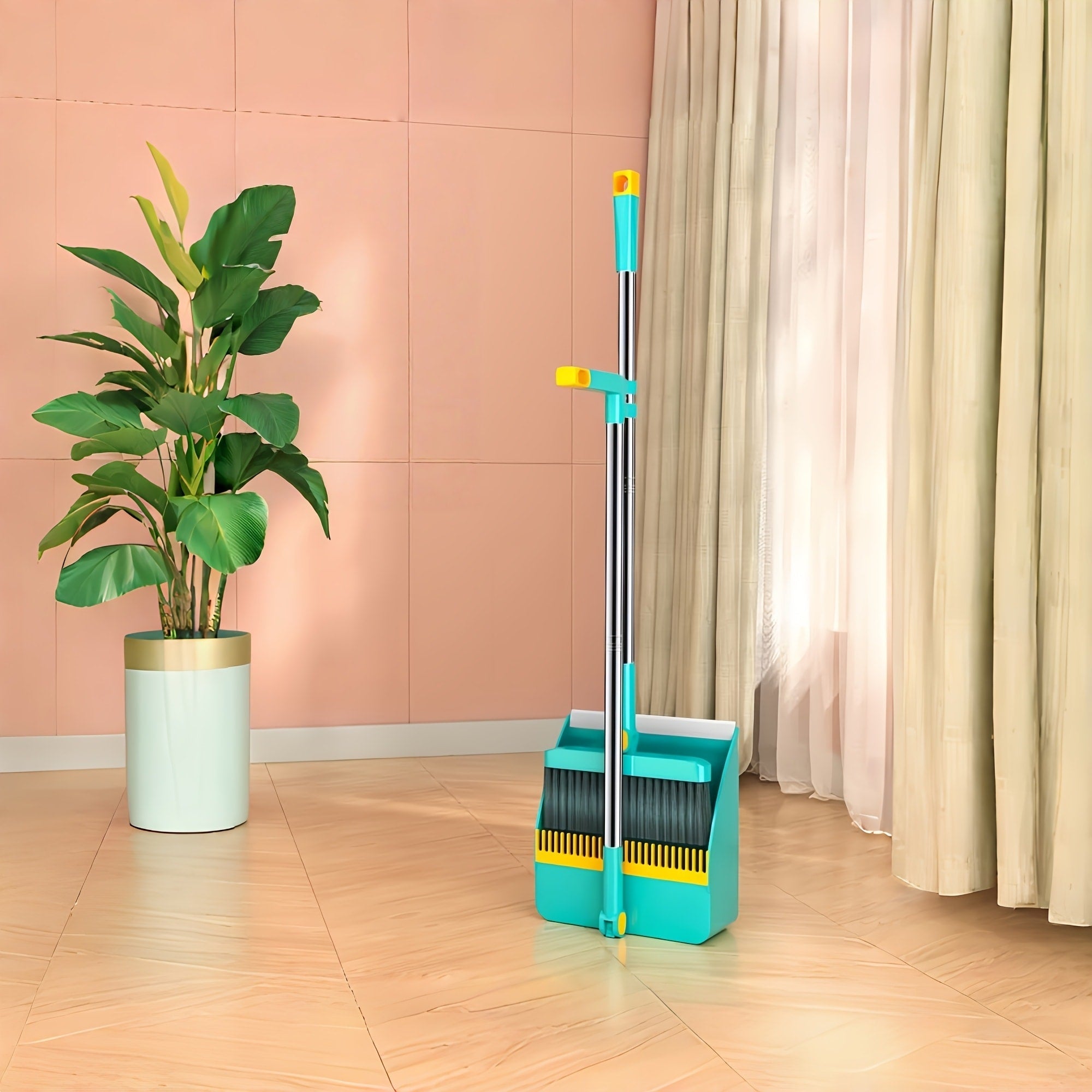 Broom and Dustpan Set with Long Handle - 2-in-1 Upright Sweeping Broom with Comb Teeth, Pet Hair Removal Floor Cleaning Tool for Home Office School Dorm Outdoor - Blue Orange White Purple Green