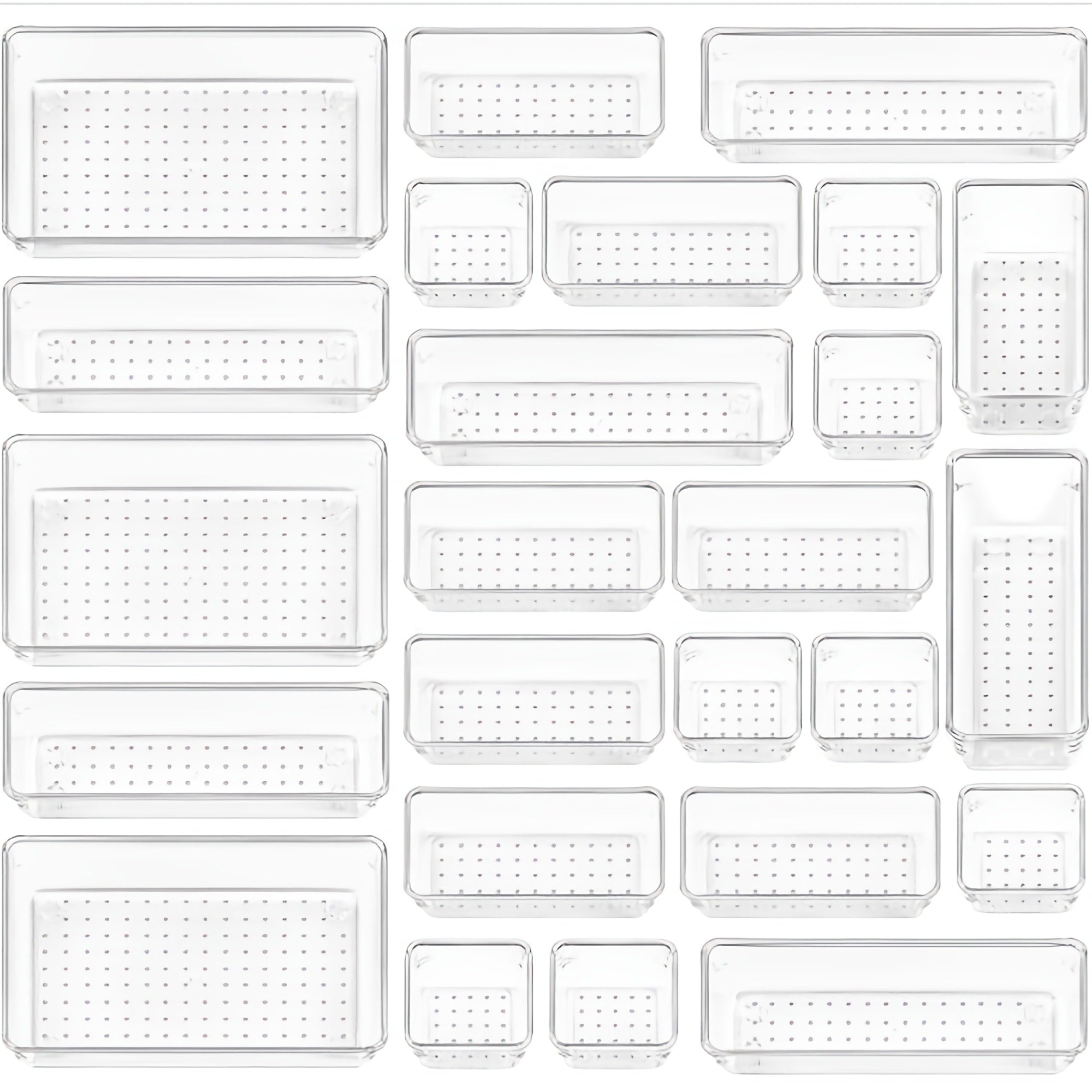 Clear Drawer Organizer Trays 25 Pack with 4 Sizes, Plastic Storage Bins for Desk Drawer Kitchen Flatware Cosmetics Dresser Under Bed Organization Dividers