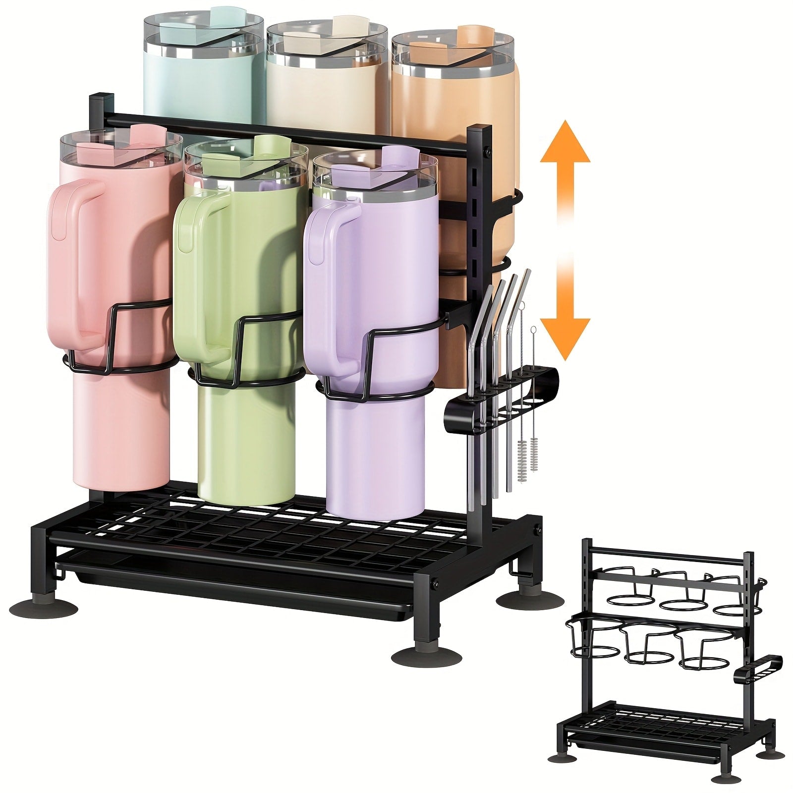 Cup Holder Rack 6-Grid Cast Iron Water Bottle Organizer for Kitchen Cabinet | Adjustable Height Drinkware Storage Rack Holds 40oz Cups Mugs Tumblers Stanley Bottles Space-Saving Kitchen Organizer