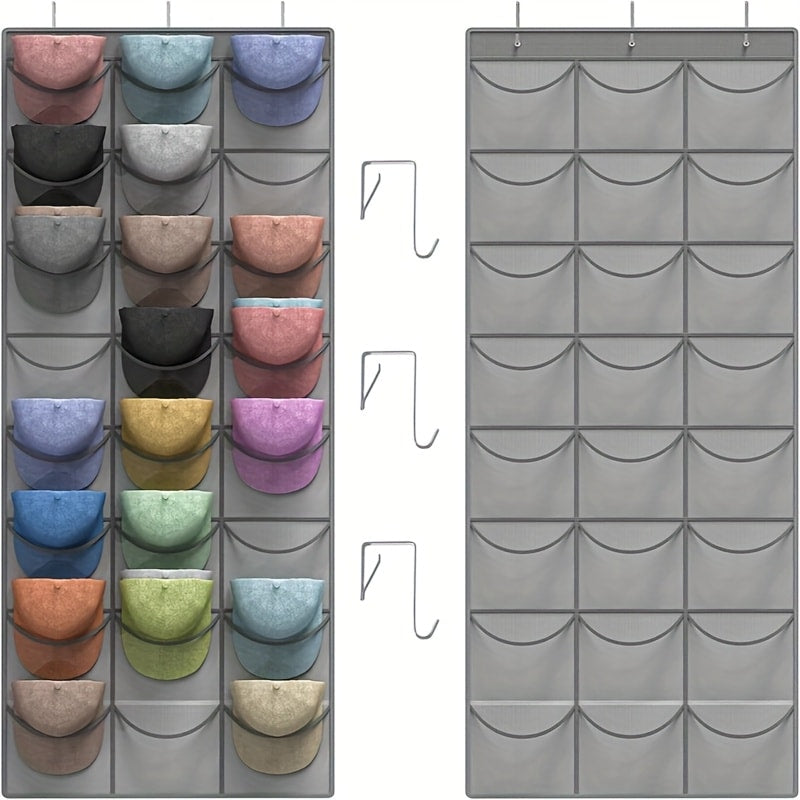 Over the Door Hat Organizer 24 Pocket - Baseball Cap Rack with Large Clear Pockets and 3 Hooks for Hat Storage Protection and Display in Closet