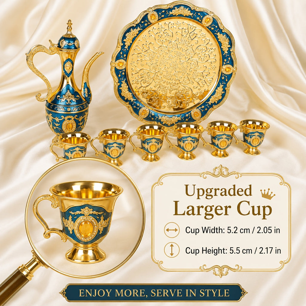 Vintage Turkish Coffee Tea Set ¨C Zinc Alloy Teapot, 6 Cups & Tray | European Style Luxury Gift Set for Tea, Coffee & Cappuccino