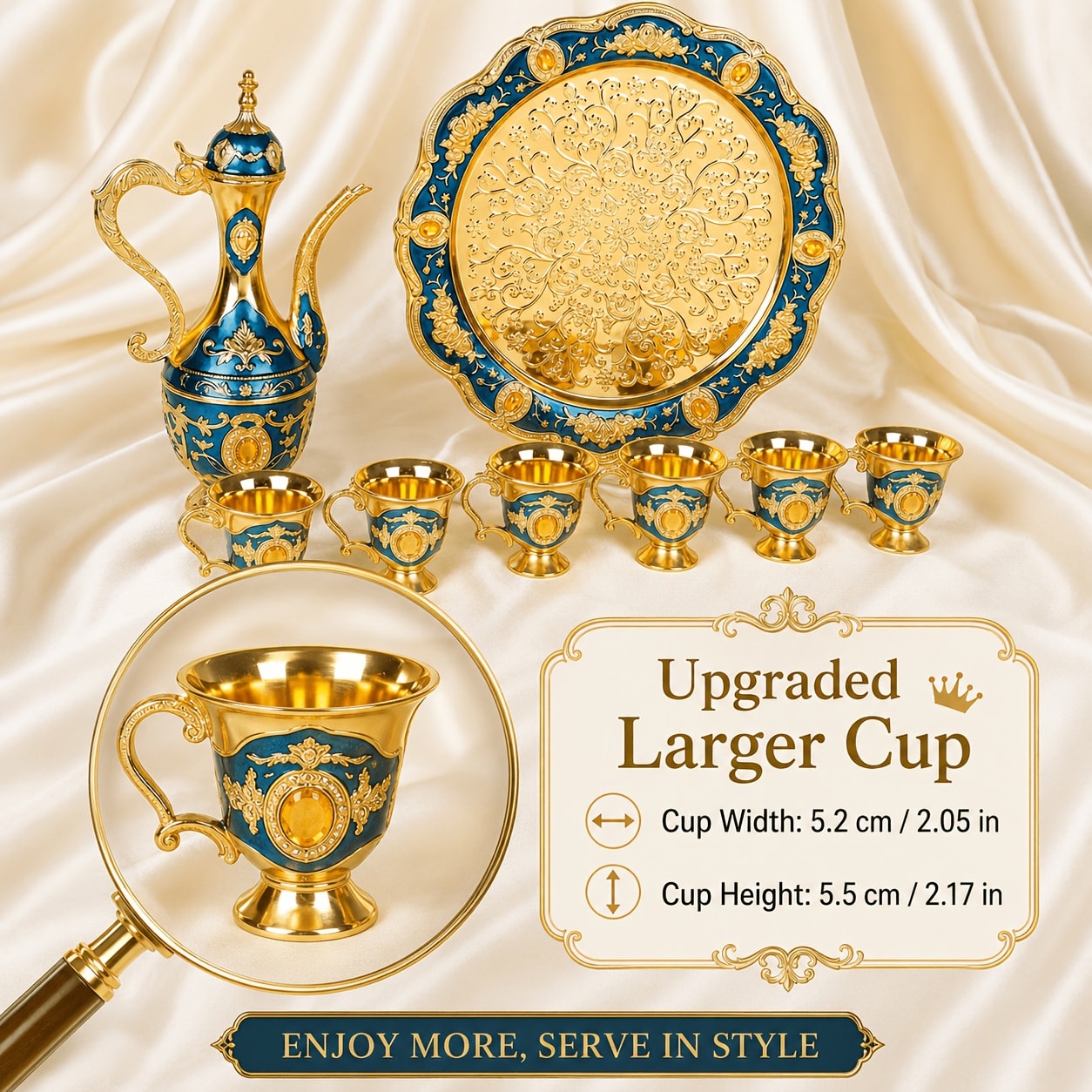 Vintage Turkish Coffee Tea Set ¨C Zinc Alloy Teapot, 6 Cups & Tray | European Style Luxury Gift Set for Tea, Coffee & Cappuccino