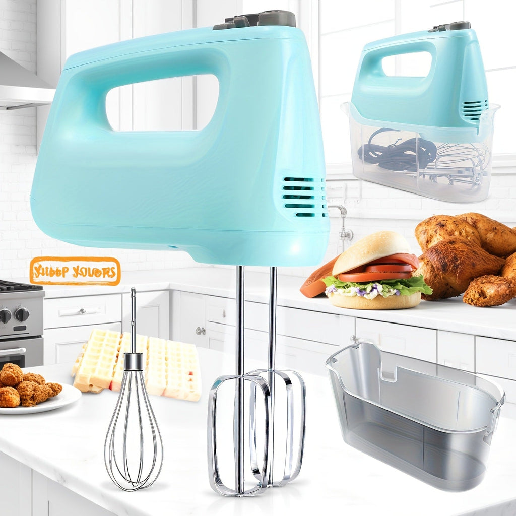 Electric Hand Mixer 250W with Storage Case ¨C 5-Speed Plus Turbo Handheld Mixer with 5 Stainless Steel Attachments (2 Beaters, 2 Dough Hooks & 1 Whisk) ¨C Kitchen Baking Mixer in Blue, Black, White & Silver