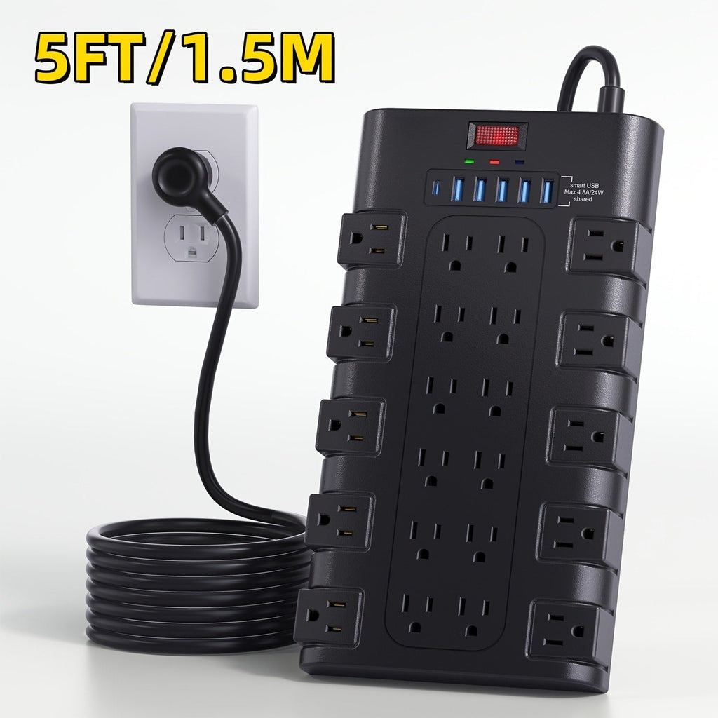Surge Protector Power Strip 28-in-1, 22 AC Outlets 1875W 15A, 5 USB-A 1 USB-C Ports, Flat Plug Wall Mount, Overload Protection, Space-Saving Extension Cord for Home Office Kitchen Desk