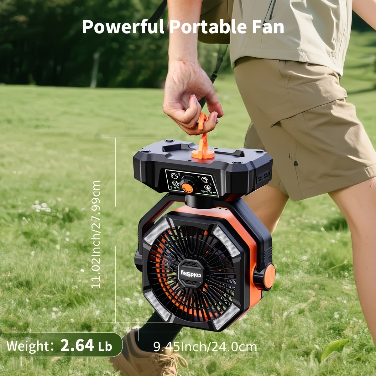 Battery Powered Camping Fan 20000mAh - 8-Speed Dual Motor Desk Fan with 4 LED Lanterns, Hook & Remote Control | Portable Outdoor Fan for Tent, Power Outage & Construction Site | Green, Black & Orange