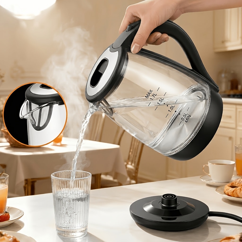 Glass Electric Kettle 1200W Fast Boiling ¨C 57.48oz Tea Kettle with LED Indicator, Auto Shut-Off & Boil-Dry Protection, Elegant Transparent Design for Kitchen, Office & Camping