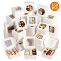 Bakery Boxes with Window 150 Pack White 4x4x2.5 Inch 3 Styles Treat Boxes for Cake Macarons Donuts Dessert Party Favor Wedding Gift Packaging