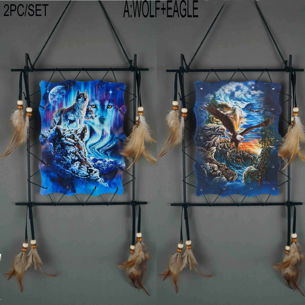 Wolf Eagle Dream Catcher Wall Art 2pcs Canvas Print Boho Native American Totem Hanging Decor with Feathers Wooden Beads Vintage Iron Frame for Living Room Bedroom Entryway TV Background