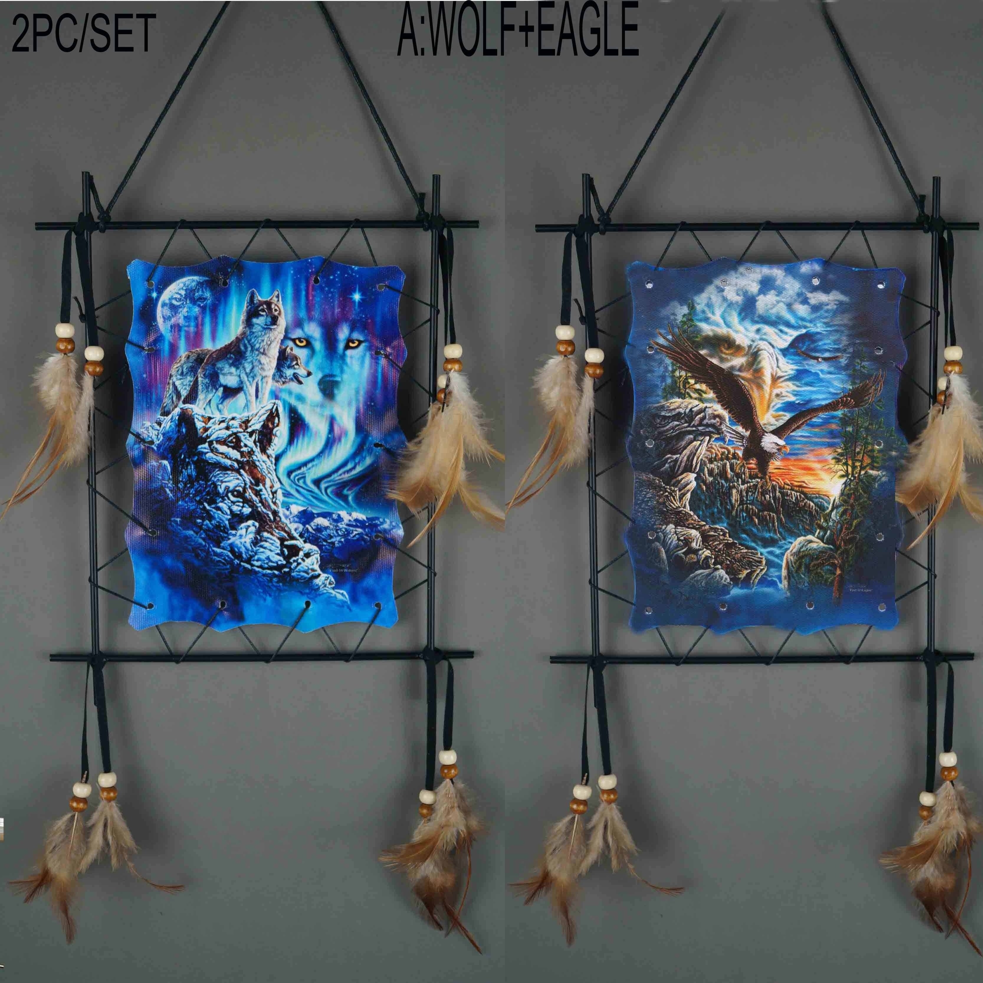 Wolf Eagle Dream Catcher Wall Art 2pcs Canvas Print Boho Native American Totem Hanging Decor with Feathers Wooden Beads Vintage Iron Frame for Living Room Bedroom Entryway TV Background