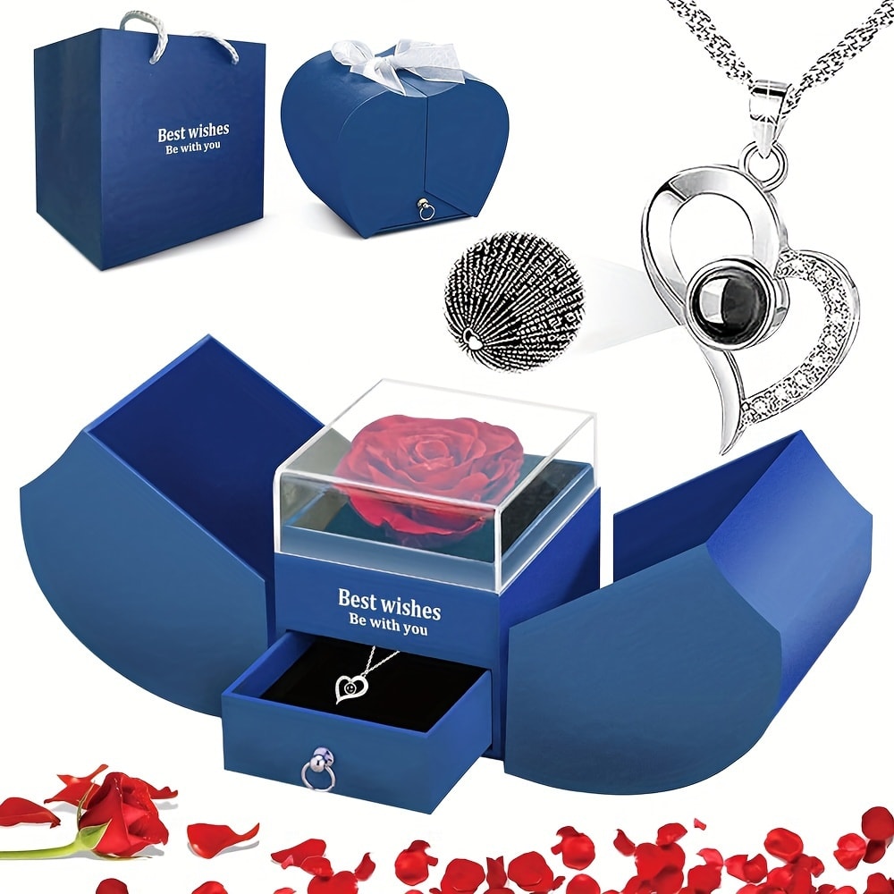 Preserved Real Rose Gift Box with I Love You in 100 Languages Necklace ¨C Romantic Gifts for Girlfriend Wife Mom ¨C Valentine's Day Birthday Mother's Day Christmas Gift Idea for Women