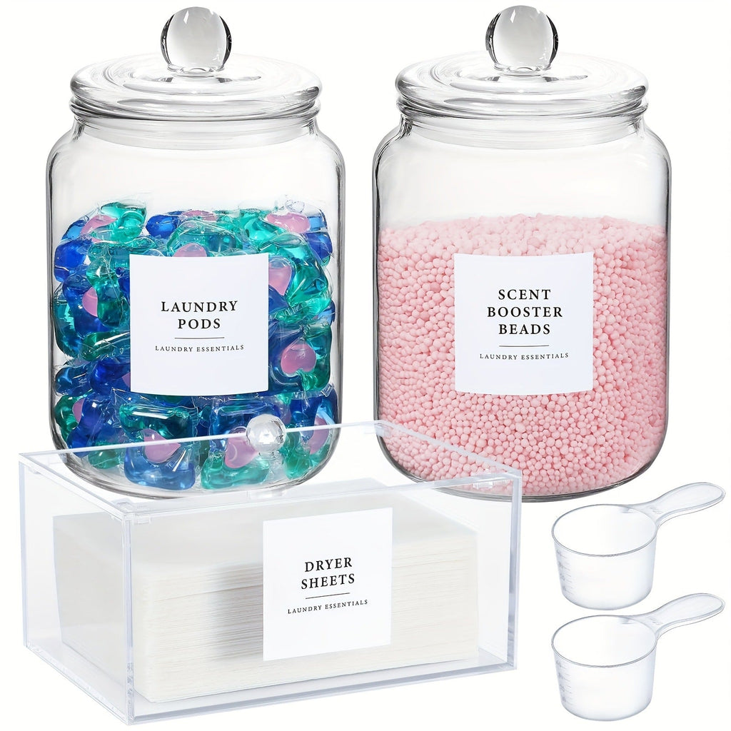 Airtight Glass Jars with Lids Labels and Spoons Half Gallon Storage Canisters for Laundry Detergent Pods Scent Booster Beads Kitchen Pantry Organization Food Safe Wide Mouth 1 2 3 4 Pack