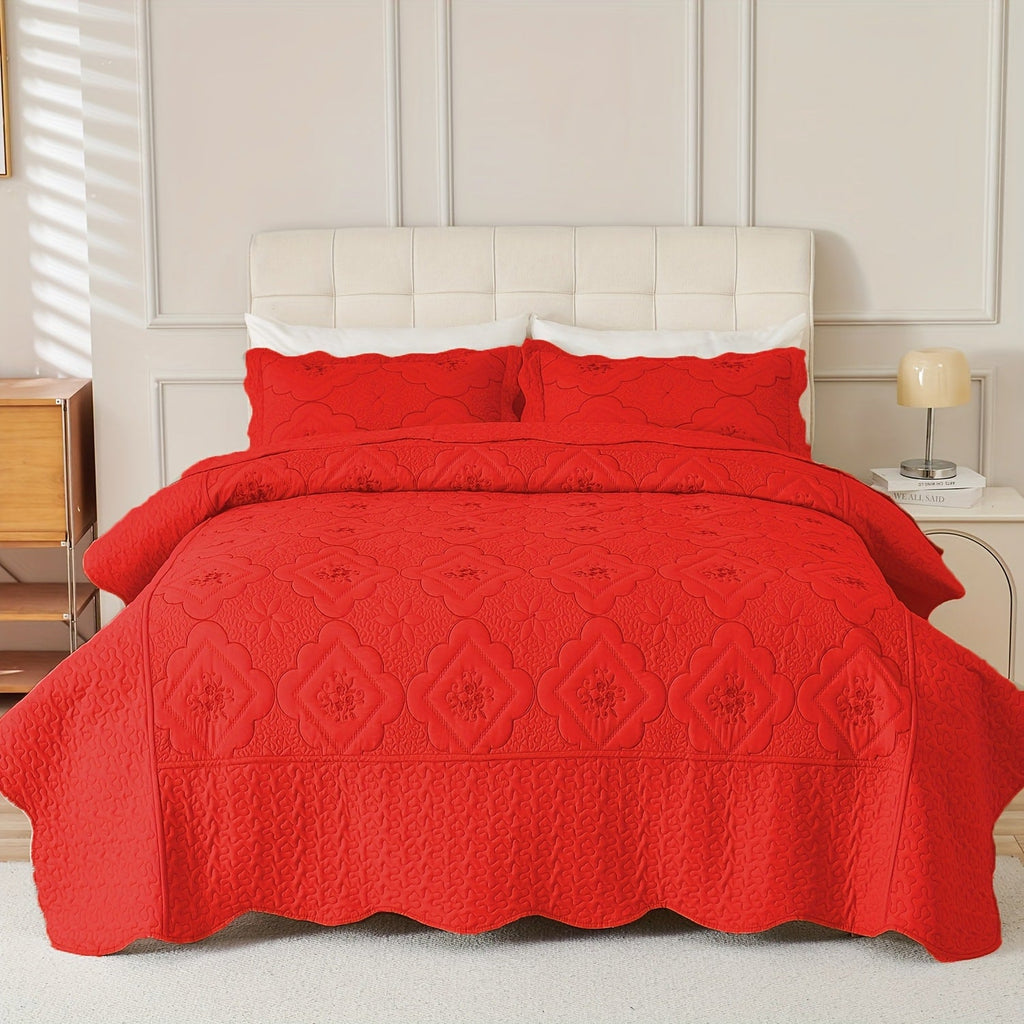 Quilt Set 3 Piece Floral Embroidery Bedspread - 100% Polyester Wrinkle Resistant Lightweight Quilted Coverlet with 2 Pillow Shams for Full Queen King Bed, Elegant Bedroom Decor in 19 Colors