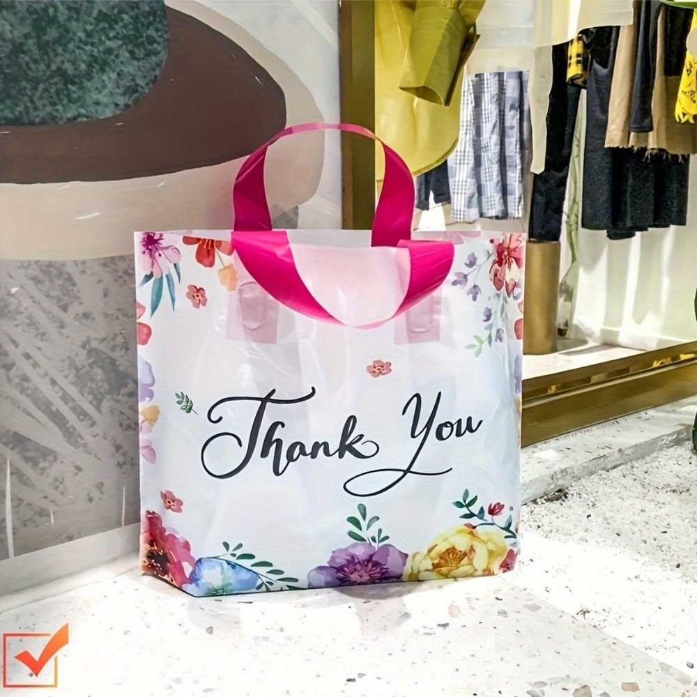 Thank You Gift Bags 50pcs Plastic Flower Print Handle Bags Reusable Shopping Tote for Party Birthday Wedding Halloween Christmas